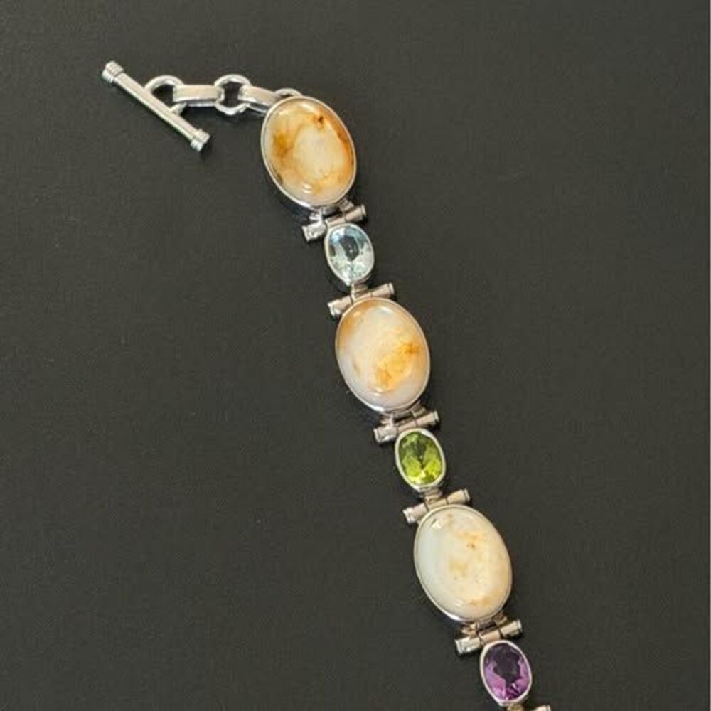 Sterling Silver Mother of Pearl and Gemstone Statement Bracelet | 6.5–8.5”